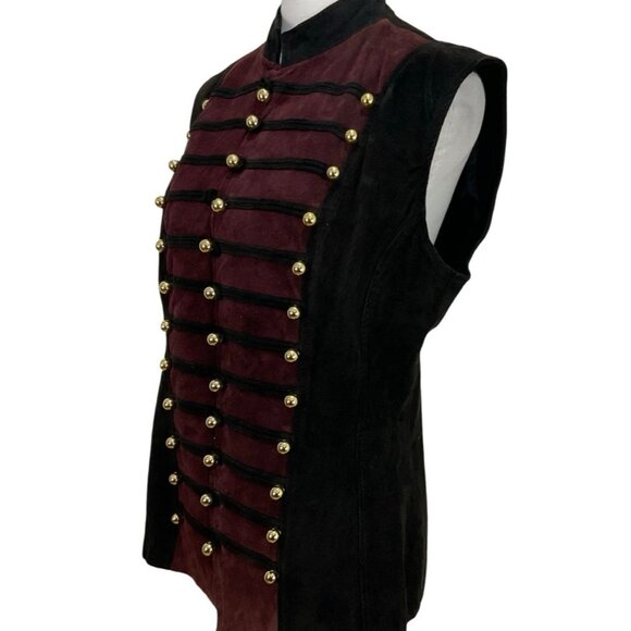 Vintage Caché Burgundy Black Suede Military Vest Band Brass Button Sz 10 Leather - Picture 6 of 9